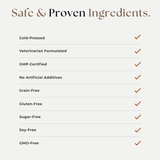 A clean infographic on a light beige background with the headline 'Safe & Proven Ingredients.' listing features such as cold-pressed, veterinarian formulated, GMP-certified, no artificial additives, grain-free, gluten-free, sugar-free, soy-free, and GMO-free, each checked with a brown checkmark.